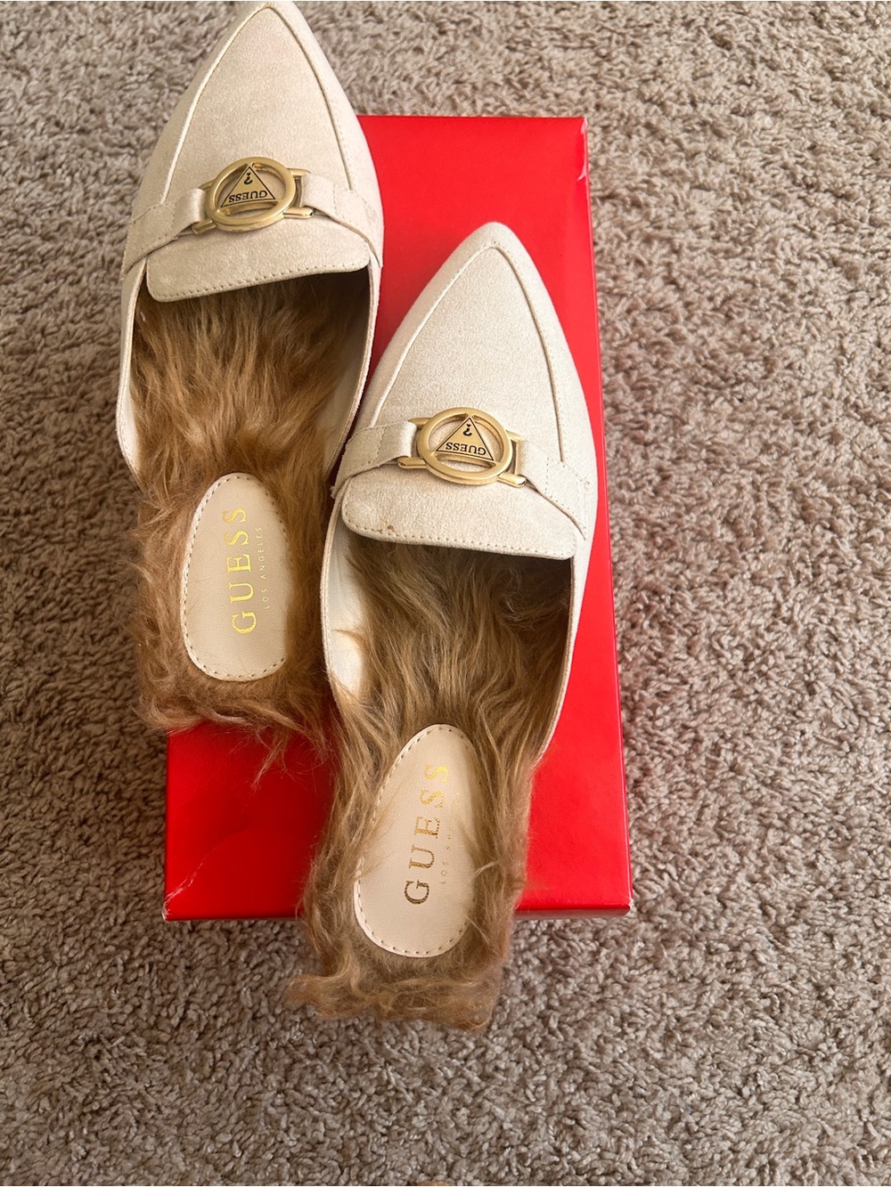 GUESS Cream Pointed Toe Fur-Lined Slip-On Mules with Gold Logo
